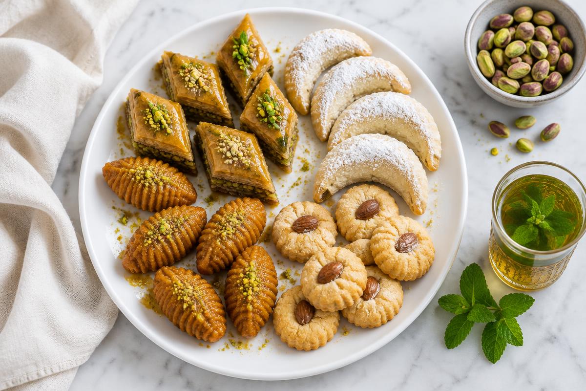 Assortiment de baklawas, makrouts, cornes de gazelle et sablés aux amandes