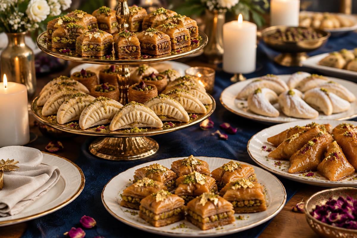 Plateaux de pâtisseries orientales dressés pour une fête