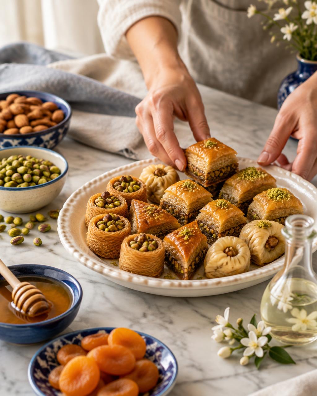 Mains dressant un plateau de pâtisseries orientales, entouré d’amandes, de pistaches et de miel